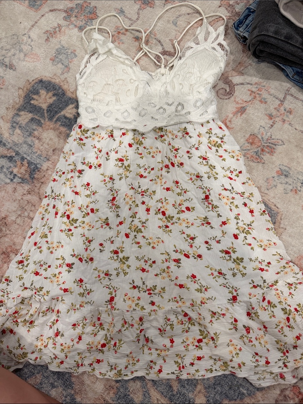 J for Justify White Lace Bodice Mini Dress with Red Floral Print